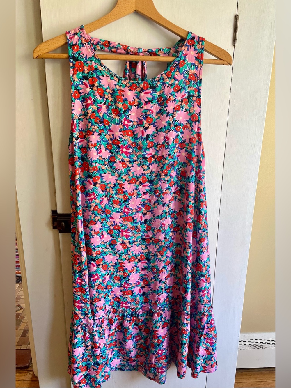 LOFT Floral Flounce Summer Sleeveless Dress Tie Back Feature Vibrant Colors